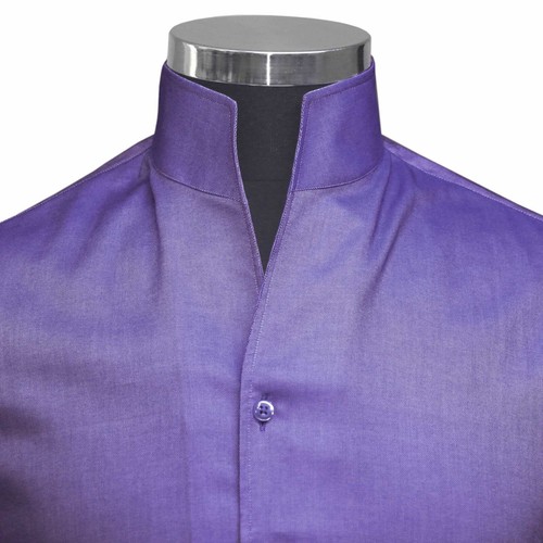 Cuello Alto Lila Oscura 100% Algodón Camisa Hombre Cuello Alto Abierto Boda Fiesta Conjunto - Imagen 3 de 5