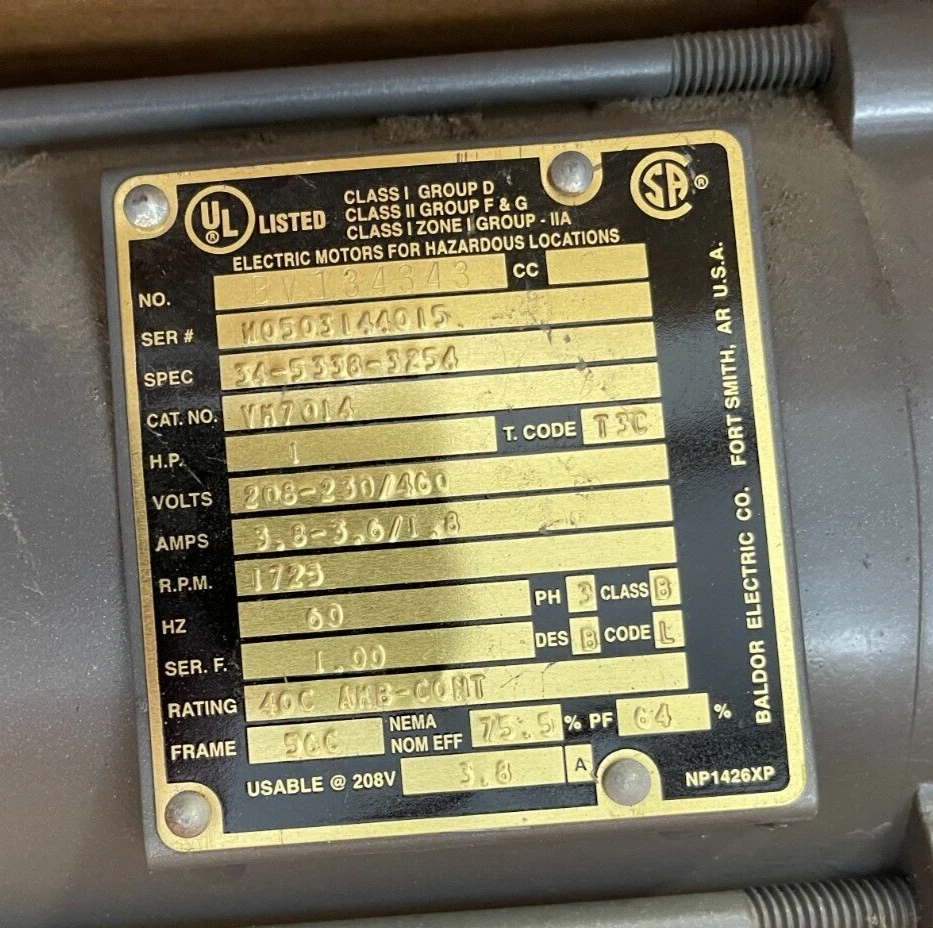 BALDOR 1HP EXPLOSION PROOF MOTOR 1725 RPM 208-230/460 V FRAME 56C VM7014 - Image 3 of 4