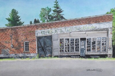 Abandoned Places, Buildings, Original Color Pencil Drawing, Chuck's Gas Station