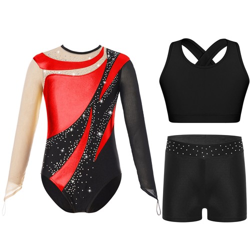 Kids Girls Long Sleeve Leotard Dance Bodysuit Crop Tops Vest with Shorts Set - Picture 19 of 80