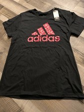 NWT Womens Adidas Badge of Sport T Shirt Black Red Mini Floral Logo Free Ship