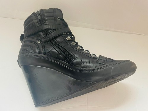 ASH Mage Size 38 Black Leather Wedge Lace Up Ankle Boots - Picture 9 of 17
