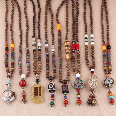 Handgefertigter ethnischer Schmuck buddhistisches Federmuster Mala Holz Perlen Nepal Halskette