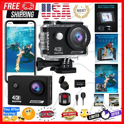 170° Wide Angle 4K Sports Camera - Waterproof to 131ft with 64G SD Card Included