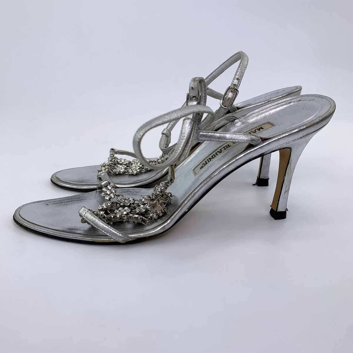 Manolo Blahnik Silver Jeweled Strappy Heels Size 38