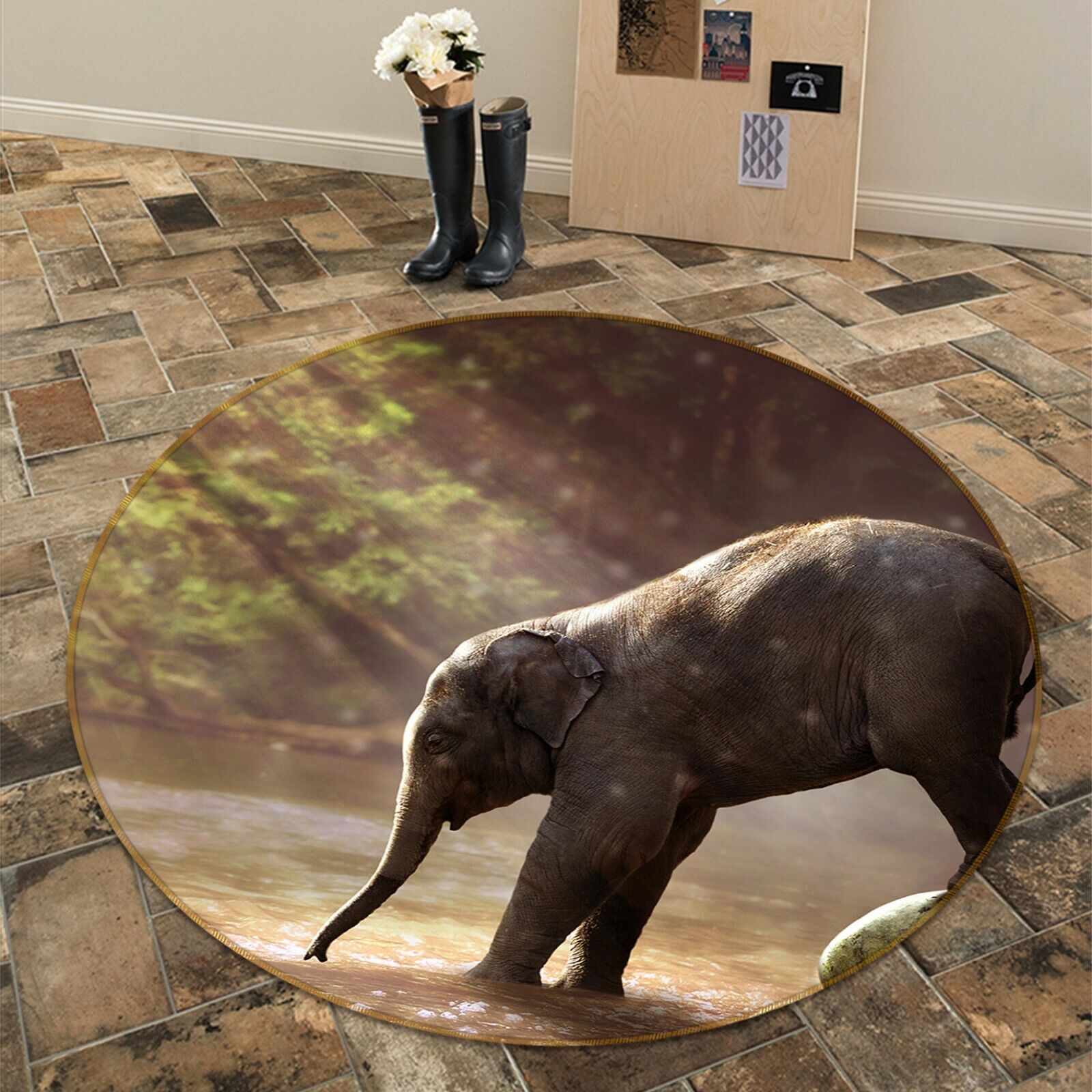 3D Elephant River C35 Animal Non Slip Rug Mat Round Elegant Carpet Wendy Tania, klasyczna popularność