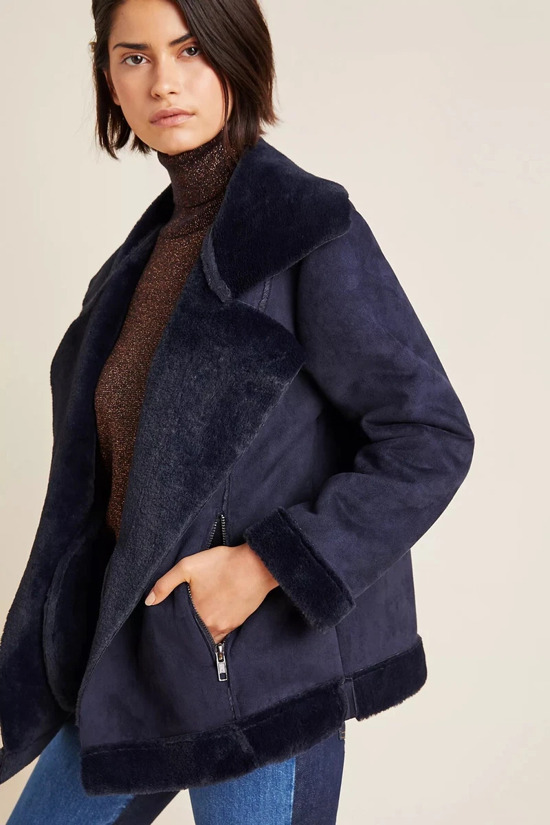 Whistles faux fur on sale biker jacket navy