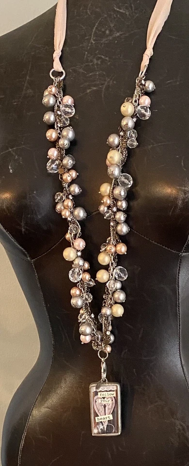 Jewel Kade Charm Pendant Necklace Crystal Pearl Bauble Beaded FOLLOW YOUR HEART - Image 2 of 4