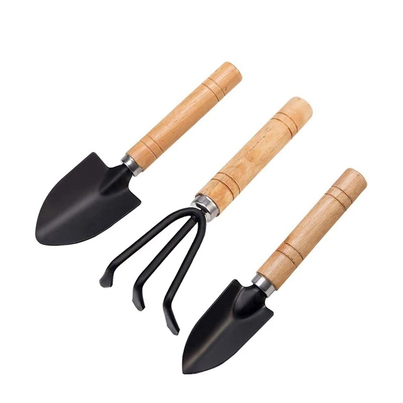 Set of 3 Garden Tool Hand Planting Tools Small Shovel Rake Spade Wood Handle h