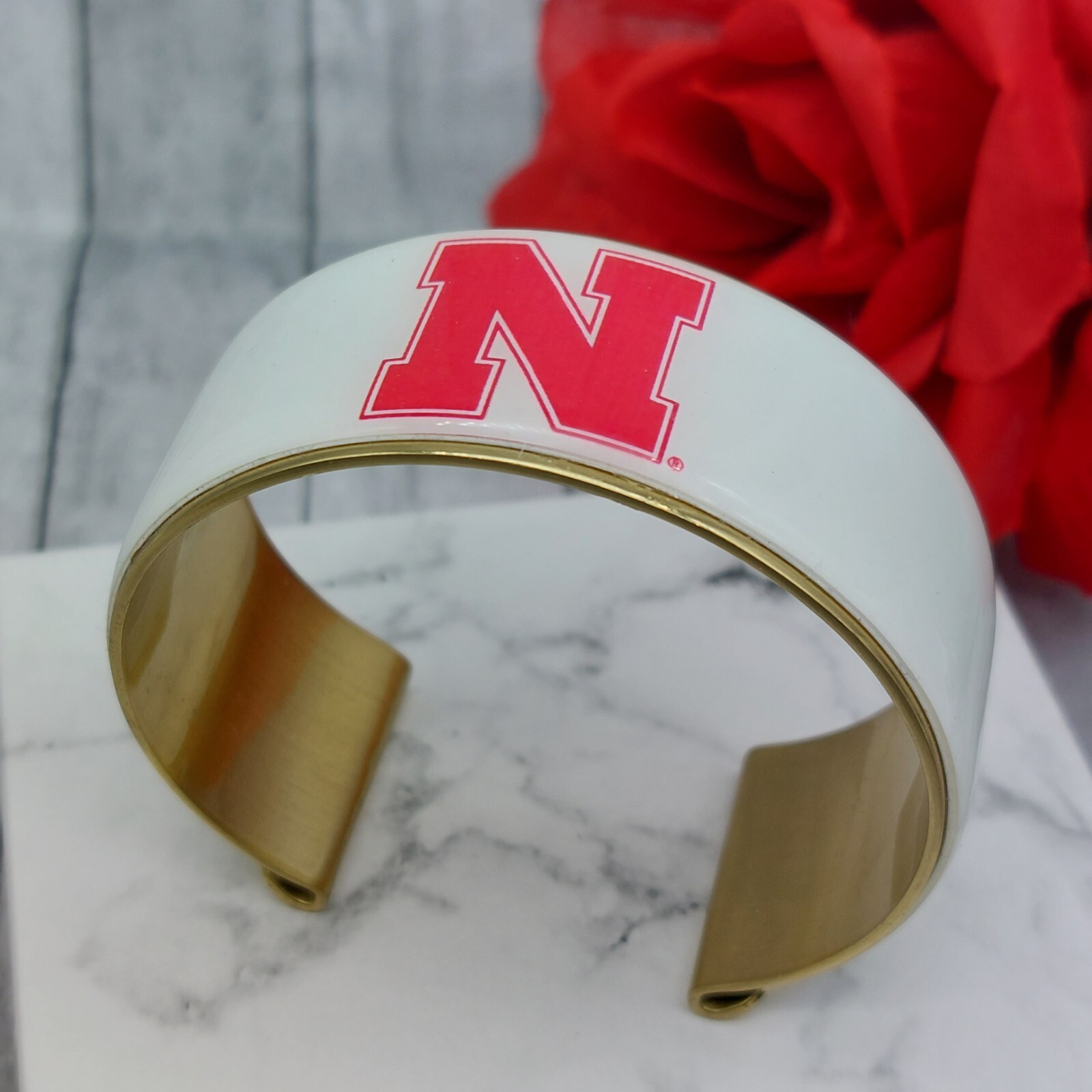 Signed Rustic Cuff Gold Tone Cuff Bracelet White … - image 8