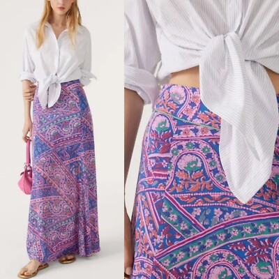 ba&sh Blossom Fanessa Maxi Skirt Blue & Pink Batik Floral Print Size 1 Small
