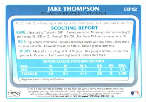 2011 Bowman Chrome Prospects Jake Thompson 1st Atlanta Braves #BCP152 - Picture 2 of 2
