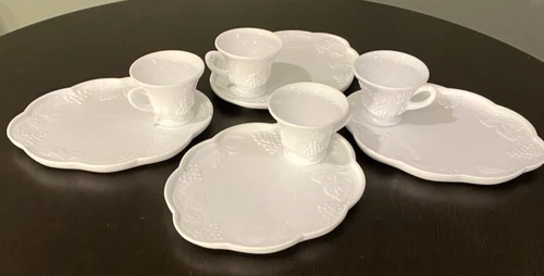 Milk Glass Snack Luncheon Plate Cup, Set of 4, Harvest Grape White Indiana Glass