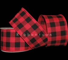 10 Yards Red Black Plaid Gingham Lodge Cabin Rustic Wired Ribbon 2 1/2"W