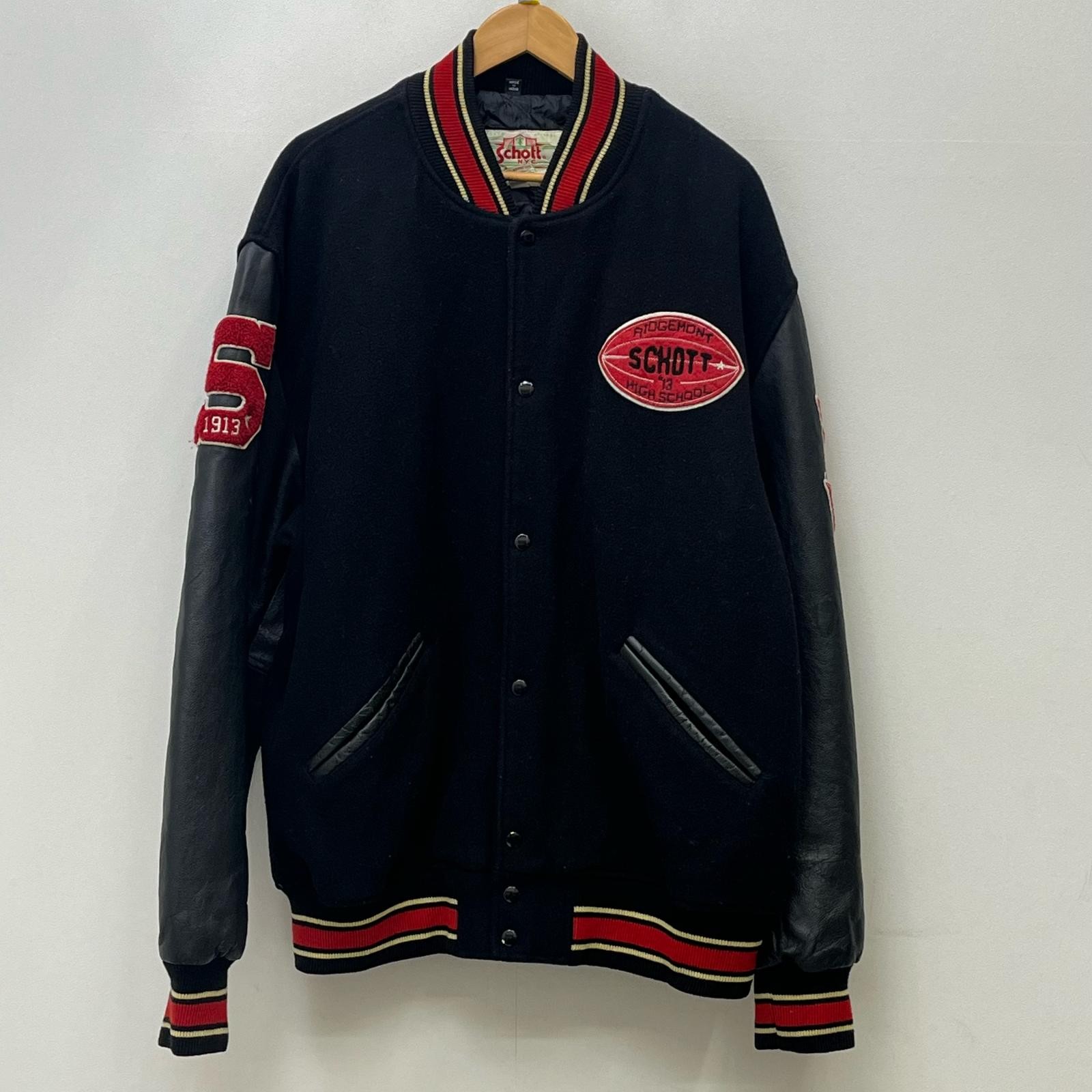 Used Schott Leather Patch Stadium Jacket Black Ka… - image 1