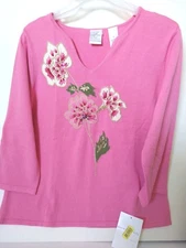 Women's Clothing Pullower Sweater Size M Liz Claiborne Pink Embroidered  new 
