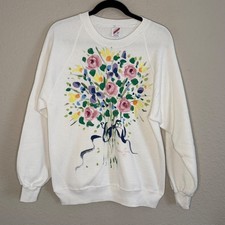 Vintage Large Cottage Prairie White Hand Painted Floral Sweatshirt Dainty