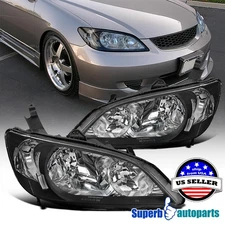 Fits 2004-2005 Hond Civic 2Dr 4Dr Black Headlights Replacement 04-05 Lamps Pair