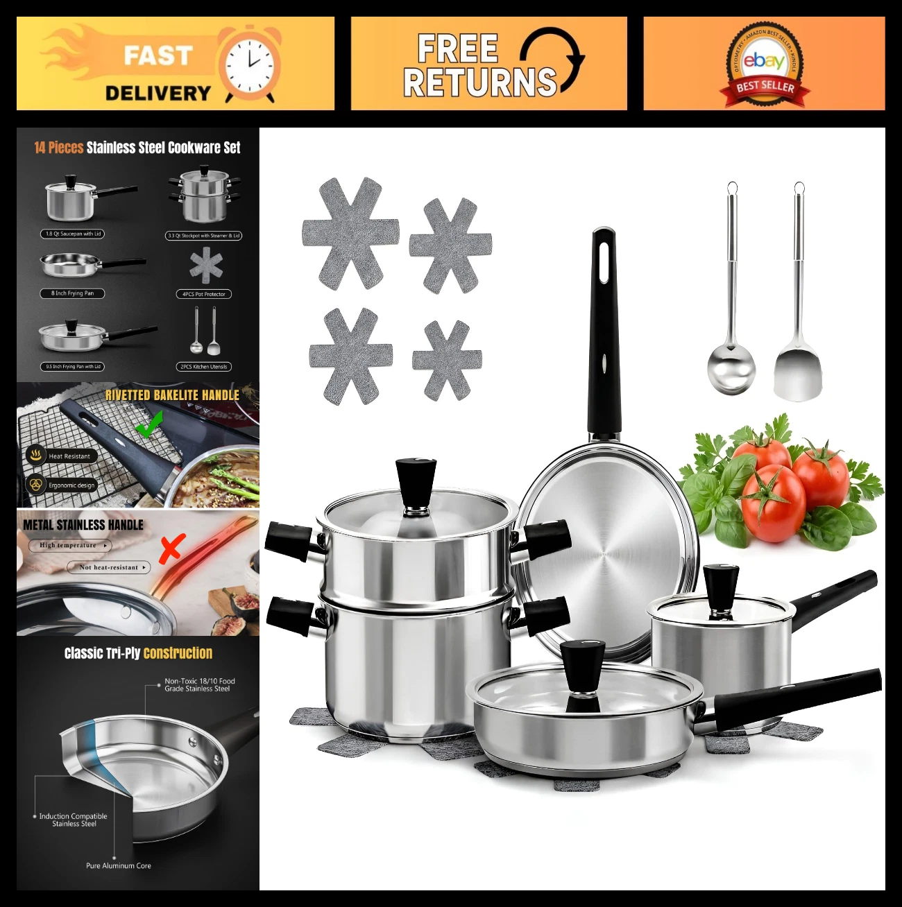14-Piece Induction Cookware Set - Non-Toxic Stainless Steel Pots & Pans, Stay-Co