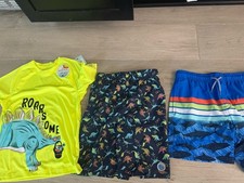 3 pc Boys Swim Trunks Board Shorts Shirt Swimsuit Blue Size 7-8 Dinosaur Sharks
