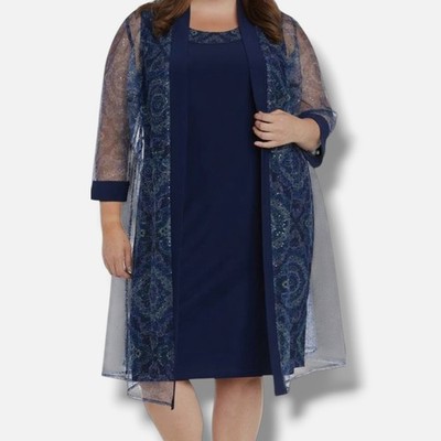 R & M Richards Women's Blue 2-Piece Sequin Unlined Duster & Dress Plus Size 18W