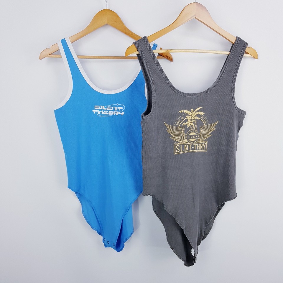Silent Theory Womens Size 14 Ribbed Blue Grey Bodysuit Tank Tops x 2 Bundle