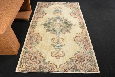 Vintage Rug, 4x7,3 ft Area Turkish Rug, Green Brown Floral Rug