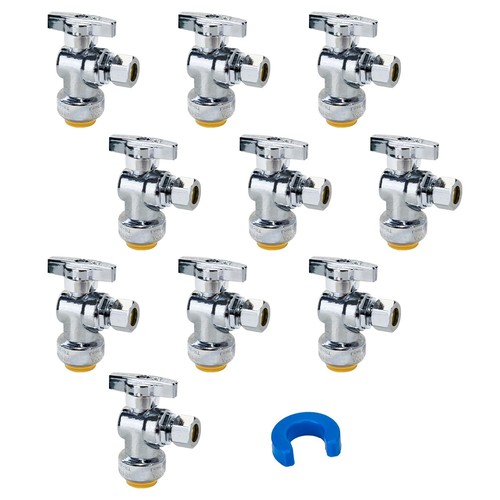 10-Pack 1/2" Push-Fit Shut Off Valves, Brass Angle Stop Plumbing Fittings + Tool