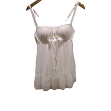 Victoria's Secret Baby Doll 36C Chiffon Satin Bow Front Eggshell White Ruffle LN