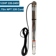 2" OD 1/2HP Deep Well Submersible Pump 4.4GPM 164FT Max 33FT Cord 3/4in NPT 220V