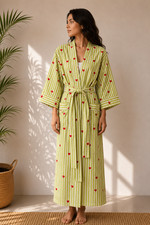 Indian Women  s Green Cotton Kimono Robe Heart Print Boho Lounge Wear Bathrobe US