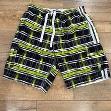 Wave Zone Shorts Mens Large Black Green Plaid Cargo Board Elastic Drawstring