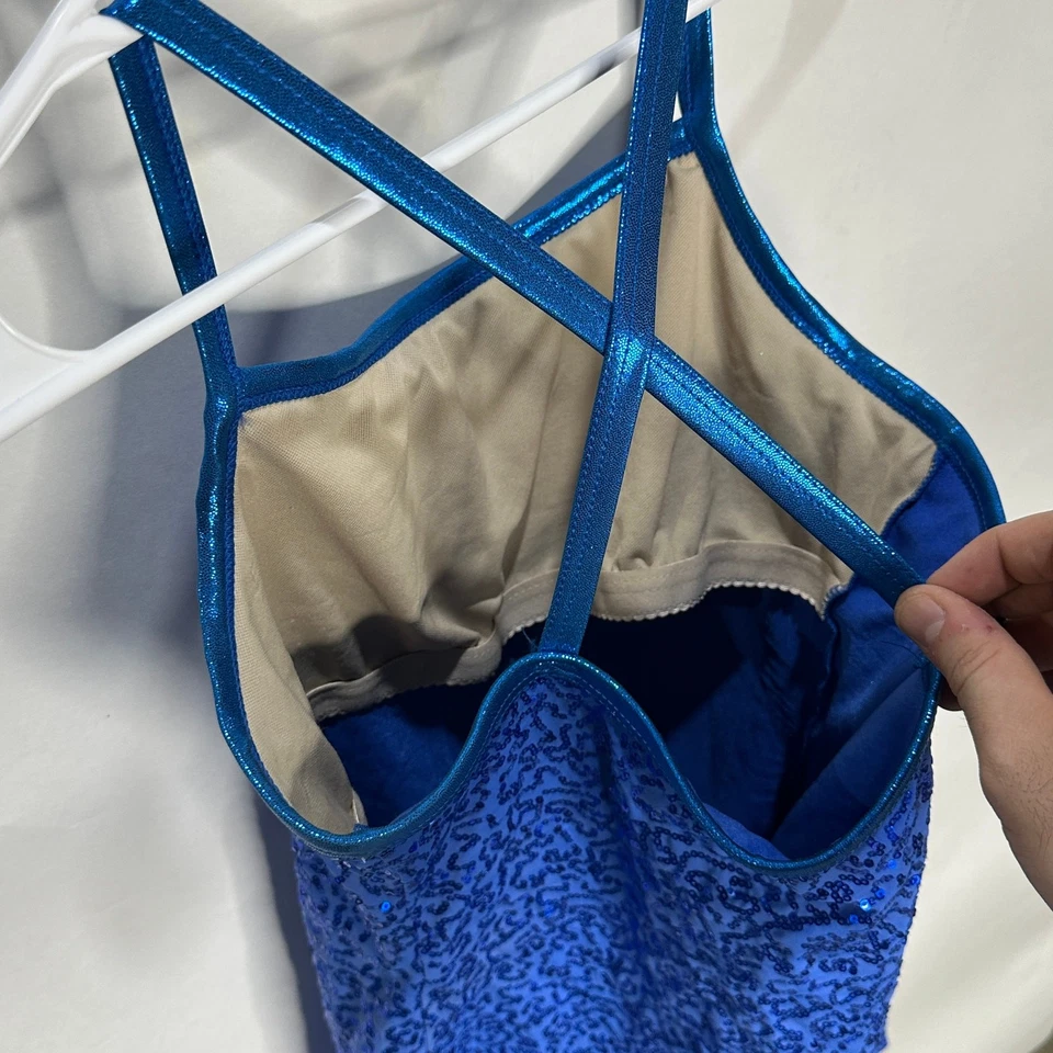 Disfraz Balera Mujer M Vestido Lentejuelas Azul Body Rápido Halloween Estrella del Pop Foto 3 de 4