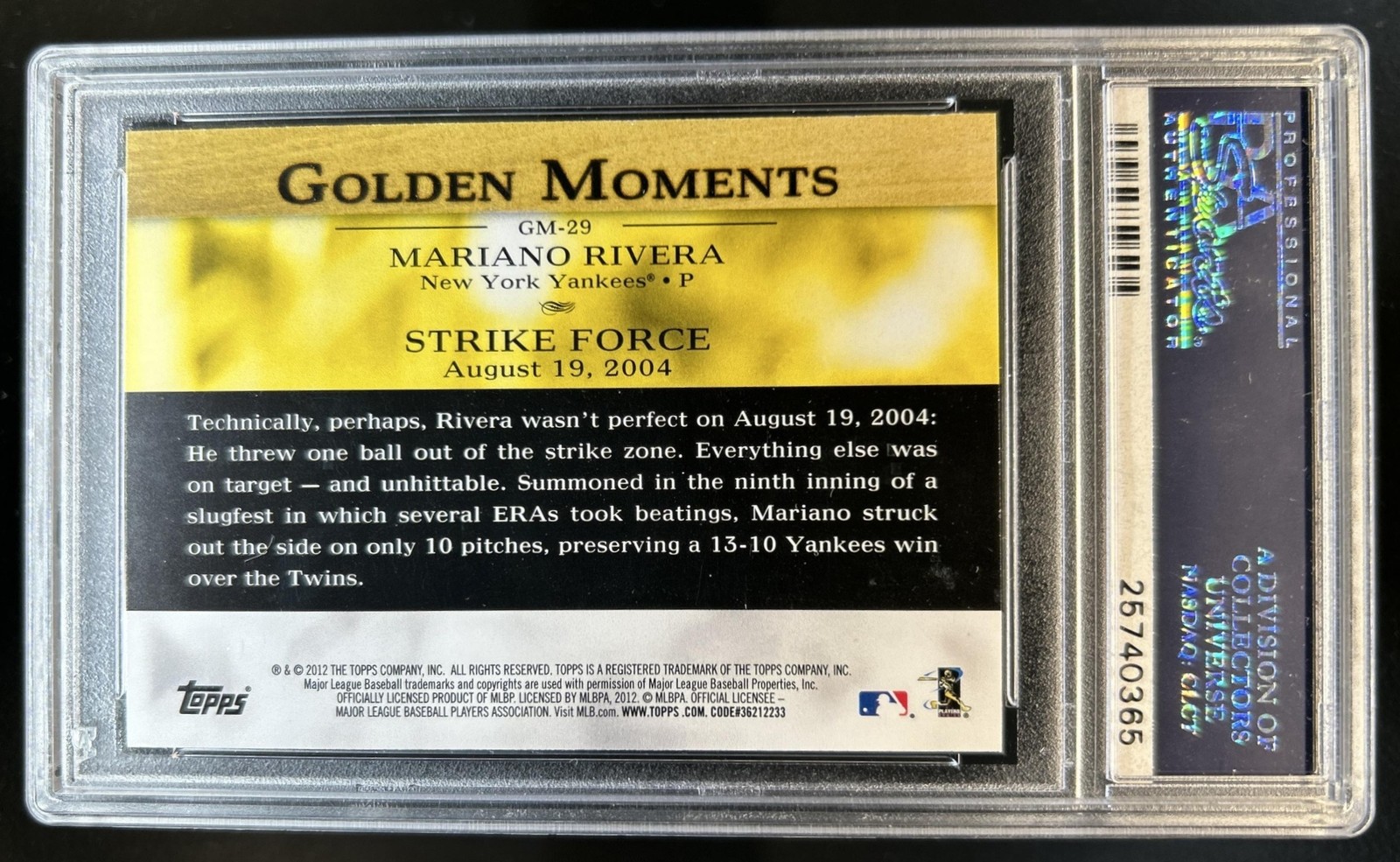 2012 Topps Mariano Rivera Golden Moments #GM-29 New York Yankees PSA 9 view 2