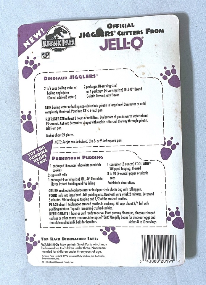 Emporte-pièces Jurassic Park Jell-O Jigglers - Neuf Vintage 1994 - Dinosaures