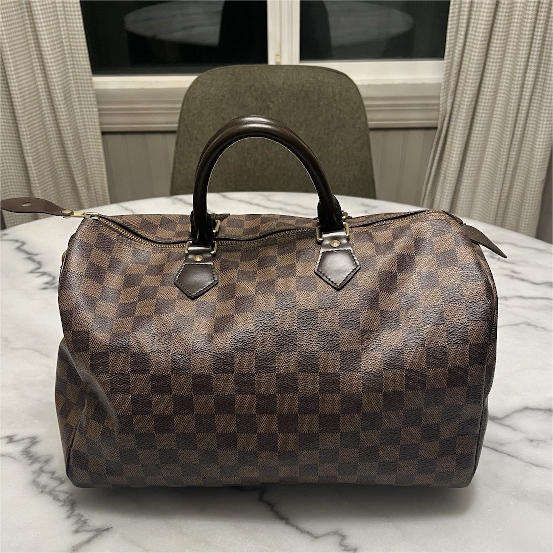 Louis Vuitton Damier Ebene Duffle Bag Brown Checkered Red Interior Padlock