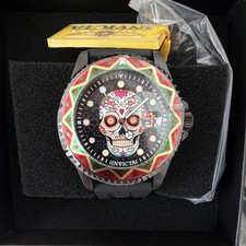 Invicta Dia De Los Muertos Skull Multicolor Dial Wristwatch Black Rubber Band