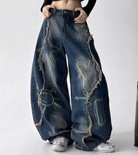 Women's Retro Blue Denim Jeans Wide Leg Loose Fit Casual Punk Pants Trousers New