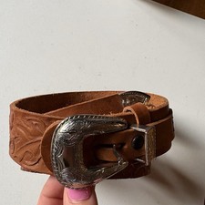 Tooled Leather Belt Womens 33 Brown Distressed Western Boho Festival