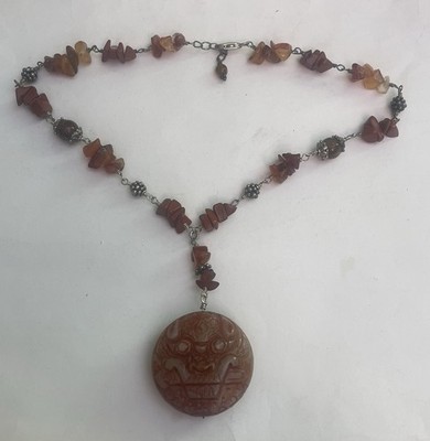 Carnelian & Red Jasper Necklace w/ Carved Chinese Dragon Boat