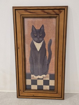 Cindy Sampson schwarze Katze gerahmter Druck Volkskunst kariert skurriles Dekor