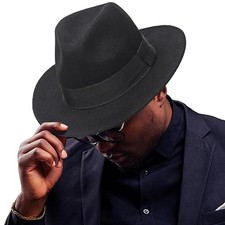 Wool Fedora Hats for Men Women Wide Brim Felt Panama Hat Medium Black