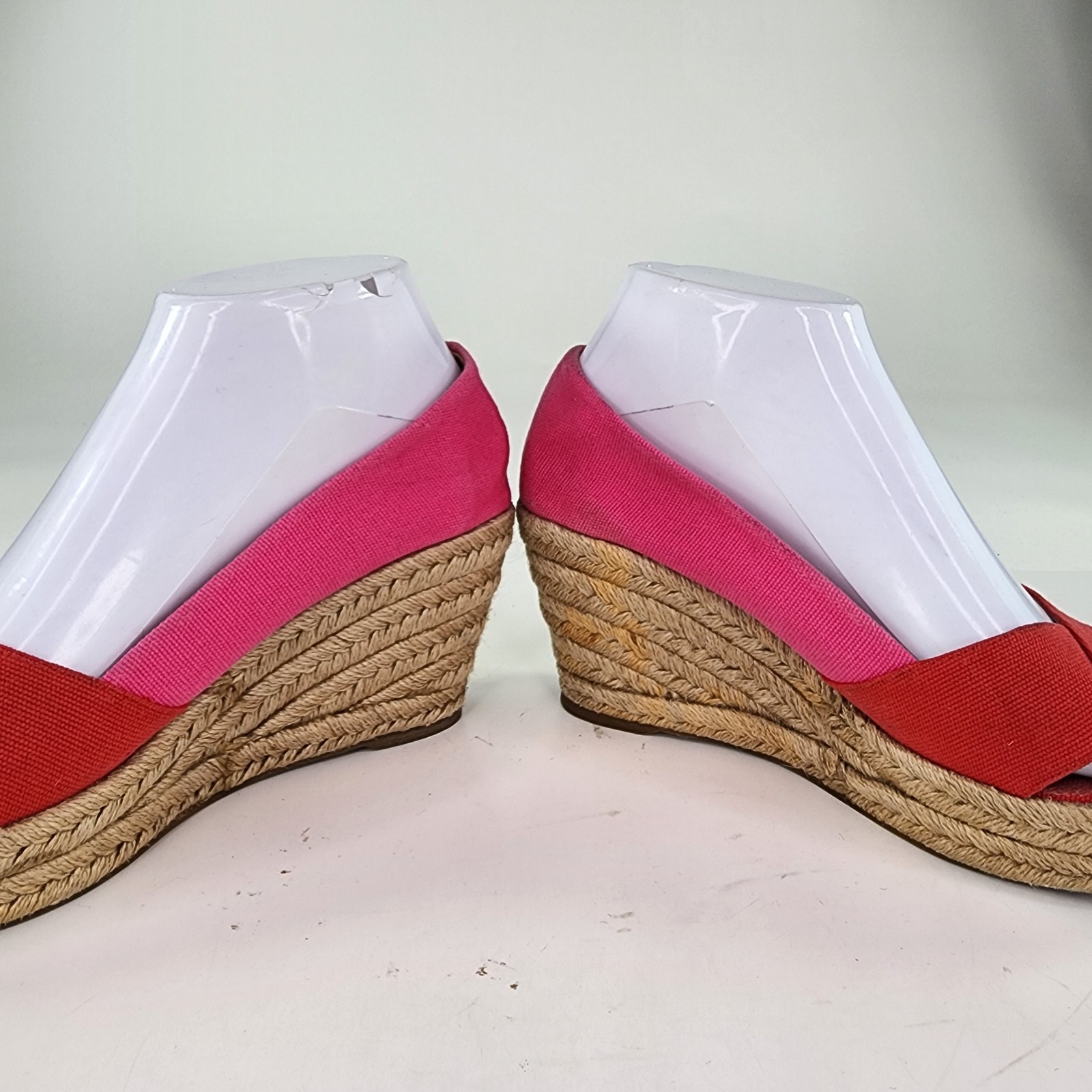Tory Burch Dory Wedge Shoes US 8 B Red/Pink Canvas Peep Toe Sandal Espadrille  thumbnail 8