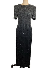 Lawrence Kazar New York Black Silk Beaded Short Sleeve Maxi Column Dress Size M