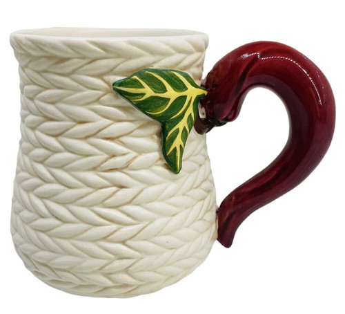1990’s Fitz & Floyd Basketweave Green Leaves Red Handle Coffee Mug 16 oz 4.25” T - Picture 1 of 12