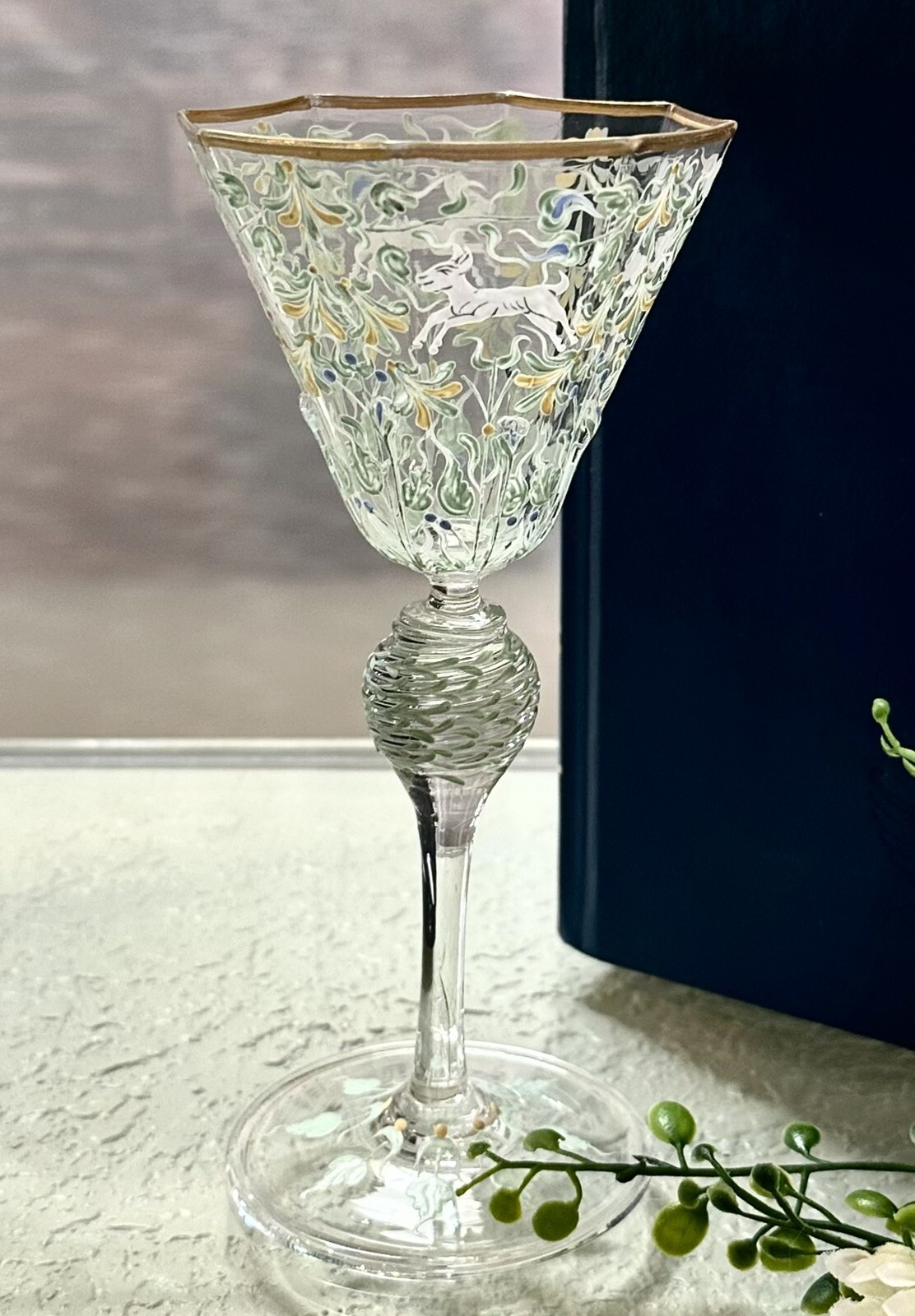 Moser Salvati Canine & Foliate Wine Glass Enameled c1900's Antique Gold Trimmed