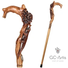 Hand Carved Walking Stick Pretty Cane Wooden Crafted Flower Light women ladies