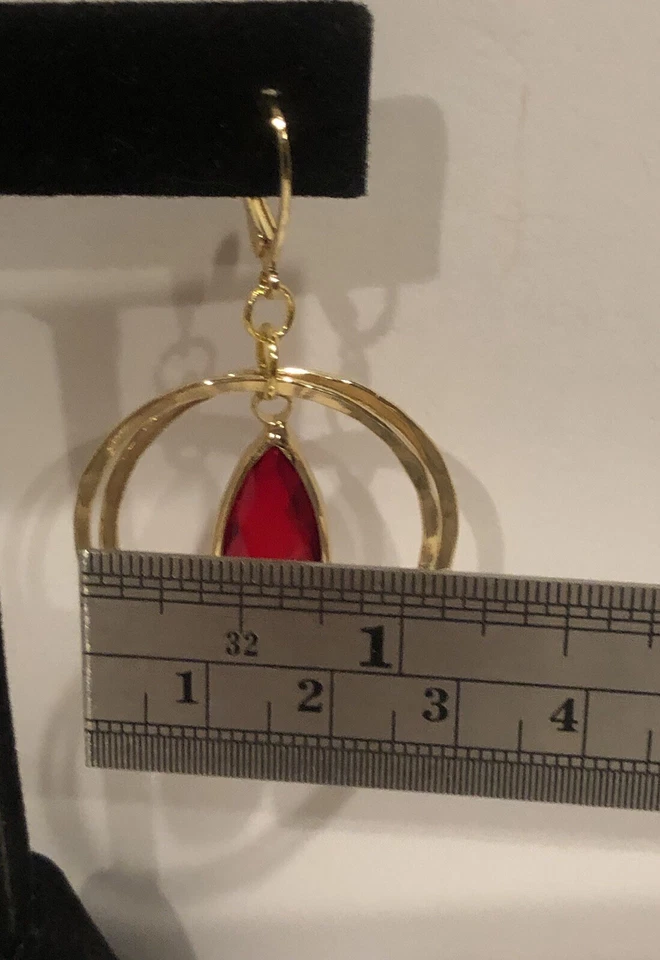 14k Solid Gold Leverbacks w 14k Gold w Silver Core Circle w Red Amber Crystals - Image 4 of 4