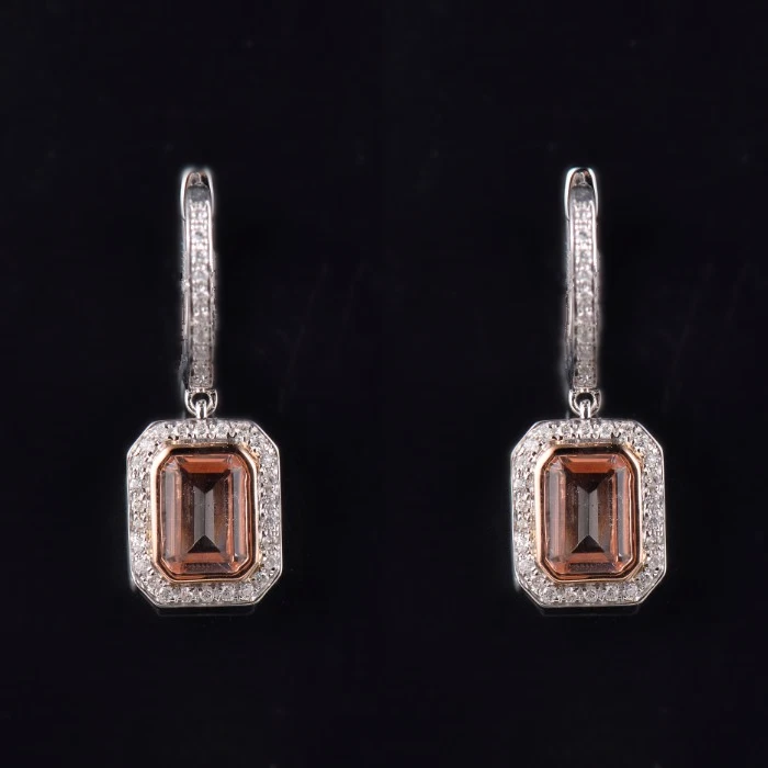 Solid 14K Gold Natural Diamond Pink Morganite Leverback Earrings - Image 3 of 4