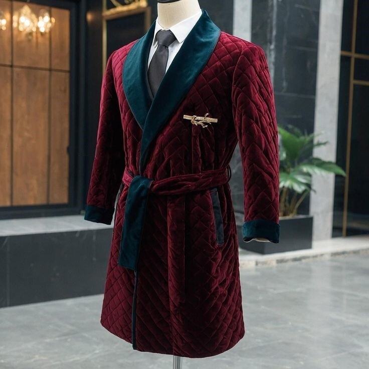 Burgundy Men's Smoking Jacket Velvet with Belt Long Overcoat Evening Party Robe